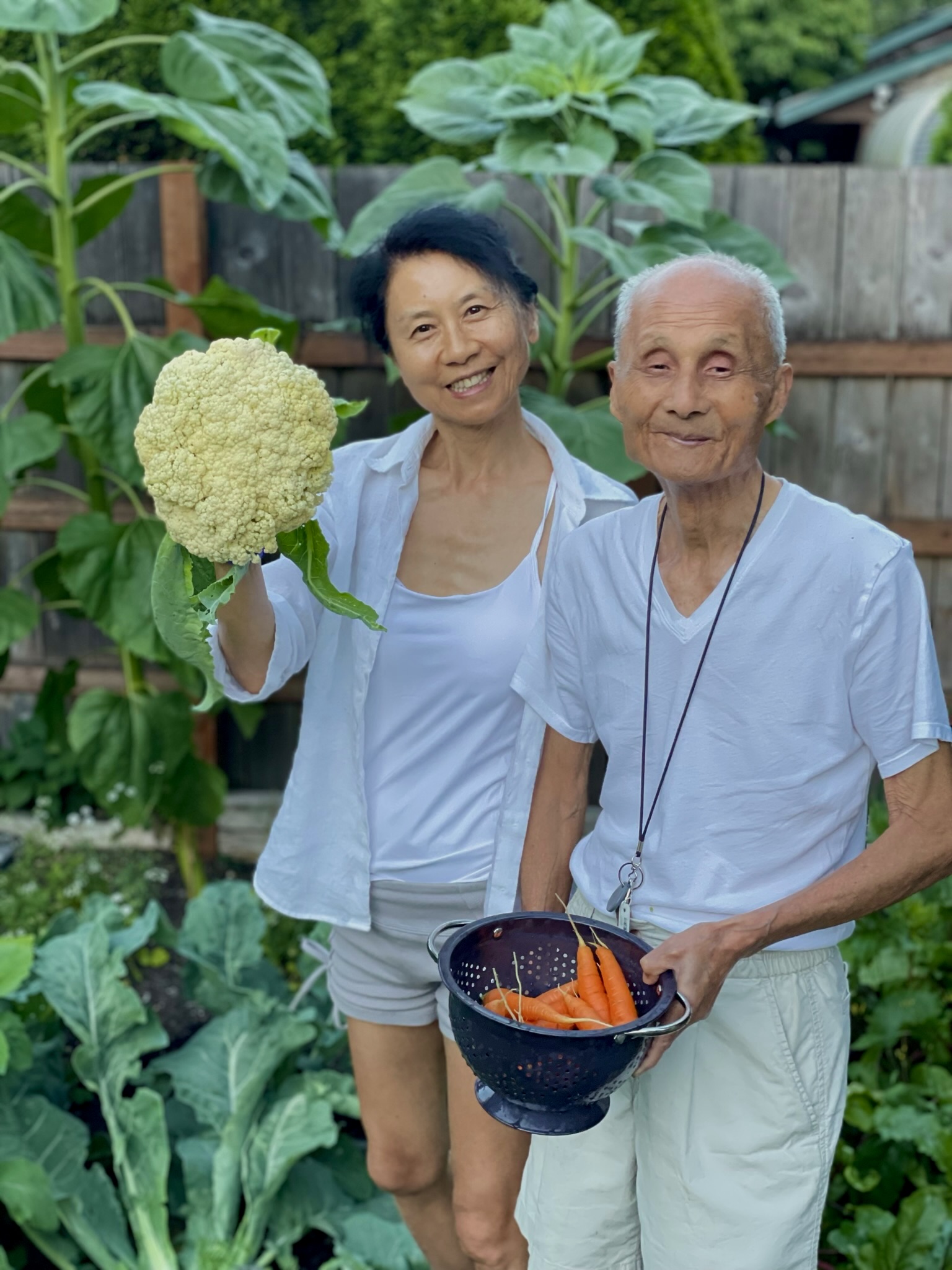 Janney and her father in the garden, holding a cauliflower and a colander of carrots