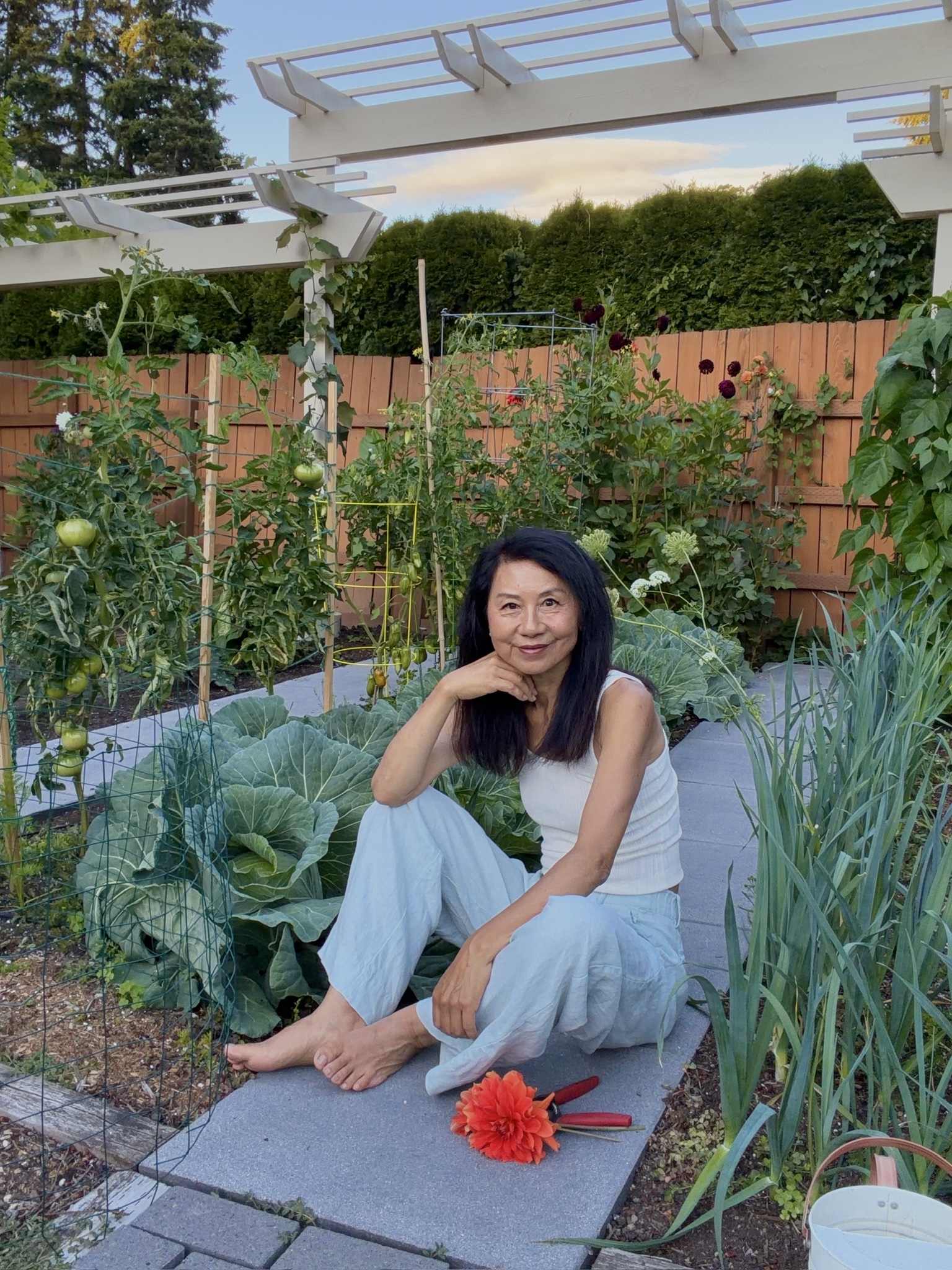 Janney sitting on the garden path beside her cabbages at sunset